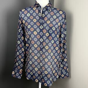 J.Crew Woman’s Foulard Print Navy Cotton Silk Pullover Long Sleeve Shirt- Size 4